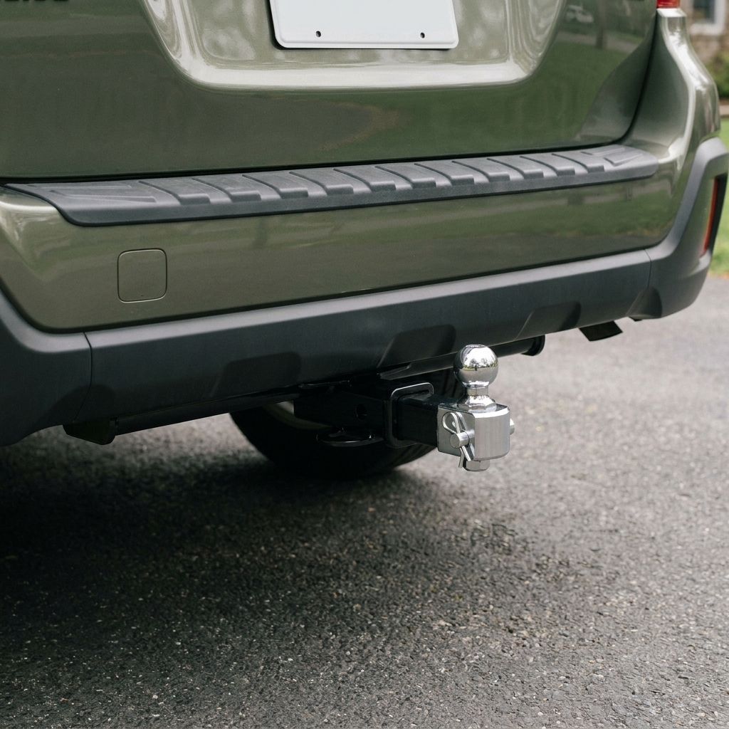 A 1-1/4 inch receiver hitch mounted under the rear bumper of a wagon-style crossover, with a simple ball mount inserted