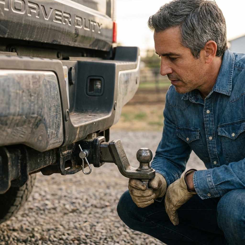 A 2-1/2 inch receiver hitch on the rear of a heavy-duty pickup truck, with a heavy ball mount and hitch pin installed