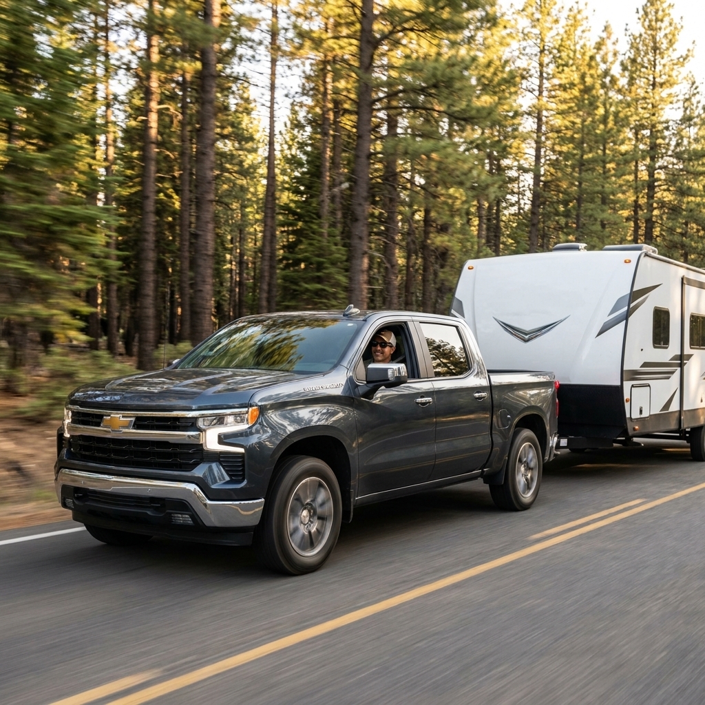 A 2024 Chevrolet Silverado 1500 with the 3.0L Duramax towing a white travel trailer past a pine forest