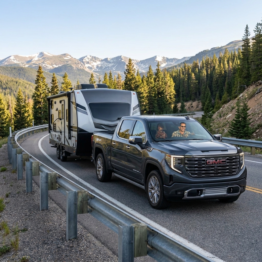 A 2024 GMC Sierra 1500 towing a travel trailer up a mountain pass with guardrails and distant peaks