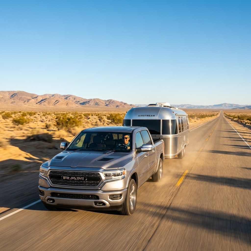 A 2024 Ram 1500 pulling a modern travel trailer along an open desert highway