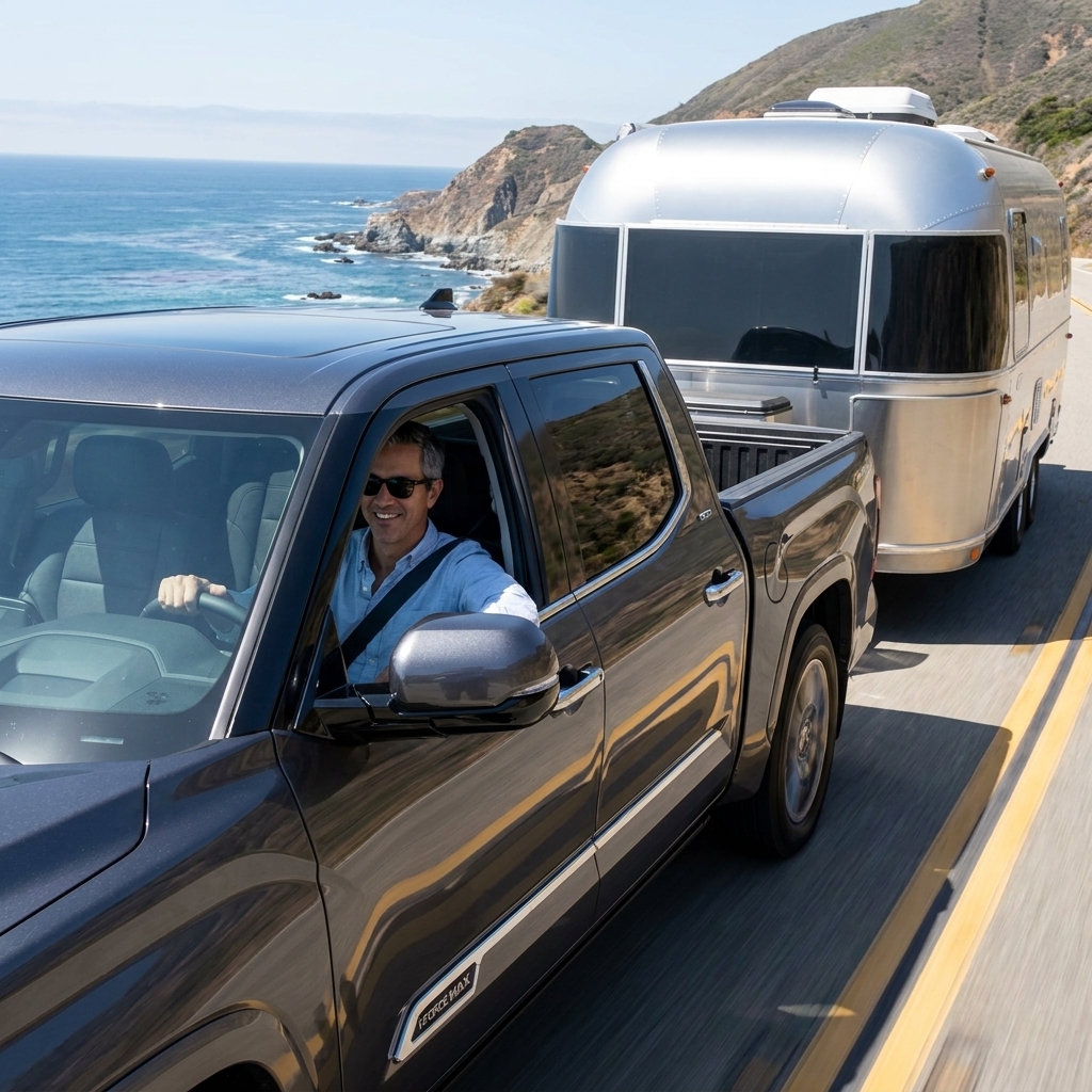 A 2024 Toyota Tundra i-FORCE MAX towing a silver travel trailer along a coastal highway overlook