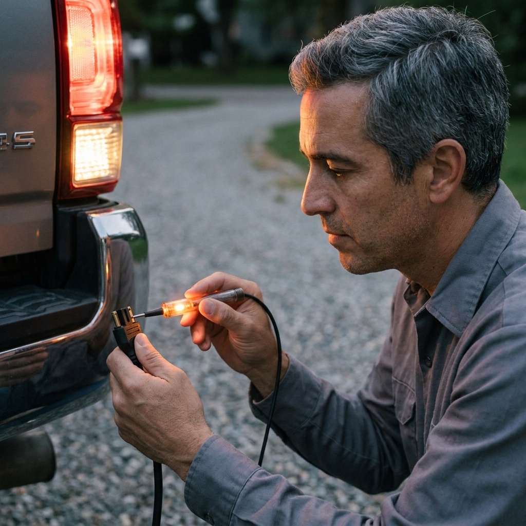 A 4-flat trailer plug held in one hand while a test light probe checks the pins with the truck lights switched on