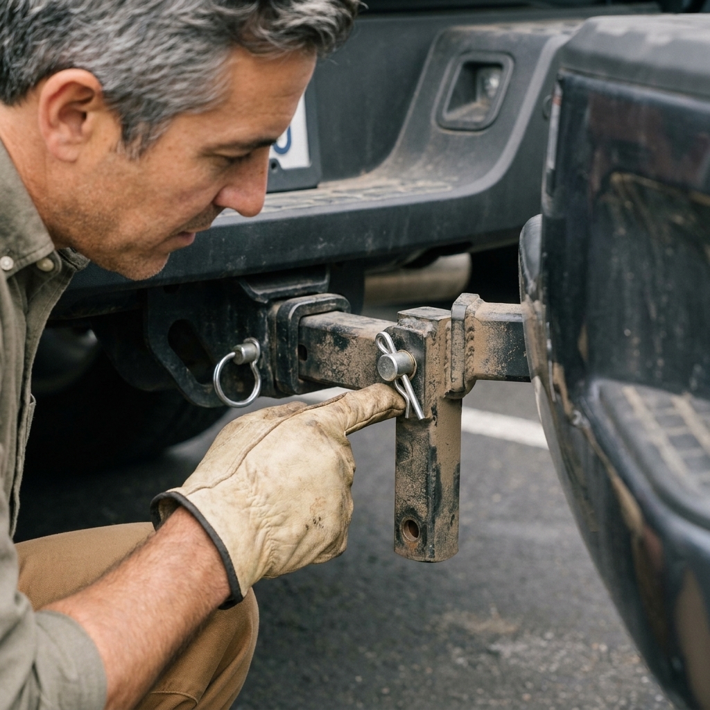 A 5/8-inch hitch pin and clip installed through a truck receiver and adjustable drop hitch shank, showing a snug fit with minimal play