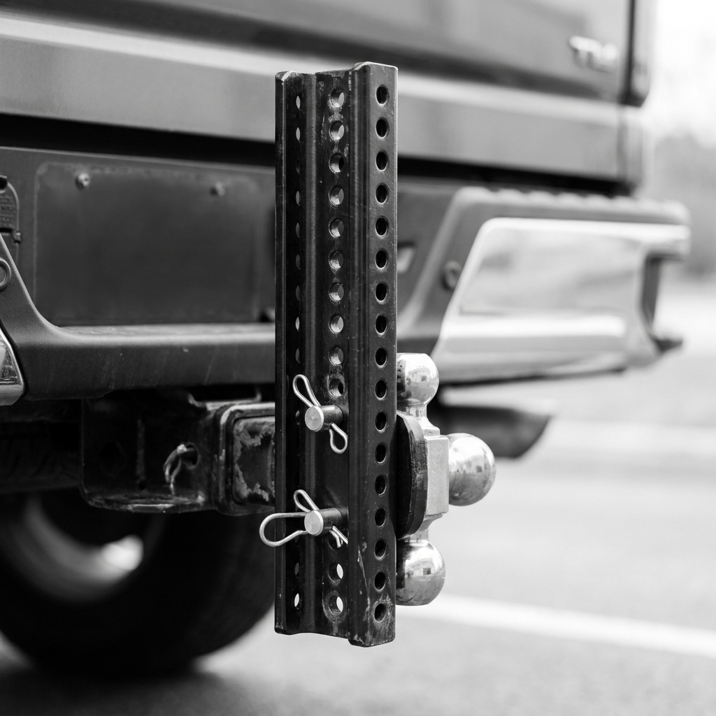 A B&W Tow & Stow tri-ball mount shown folded up in the stowed position on the back of a pickup truck, with the adjustable channel and pins visible