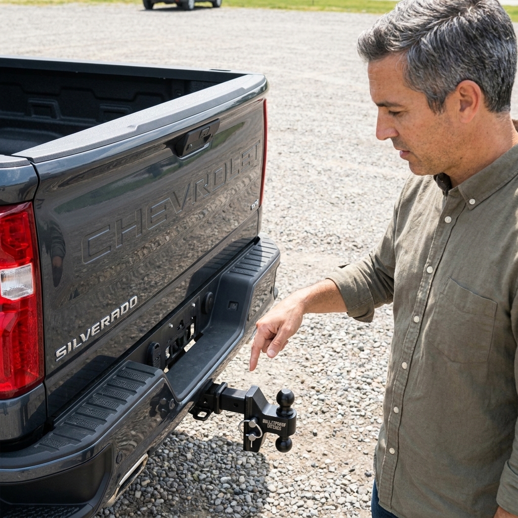 A BulletProof Hitches adjustable ball mount installed on a heavy-duty pickup truck, showing the dual pin setup and tri-ball head