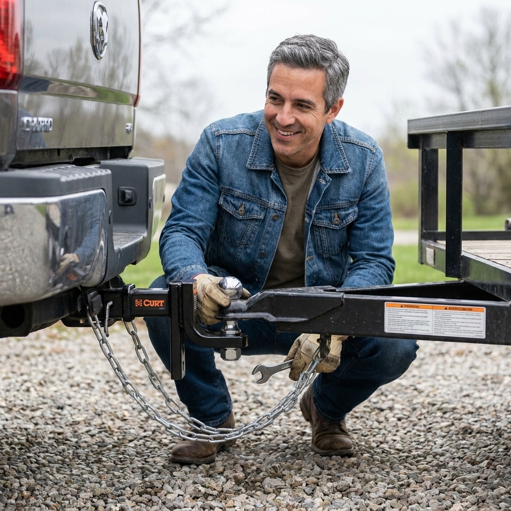 A Curt adjustable drop hitch mounted in a truck receiver with a 2-5/16-inch ball installed, positioned to keep a utility trailer level on a gravel driveway