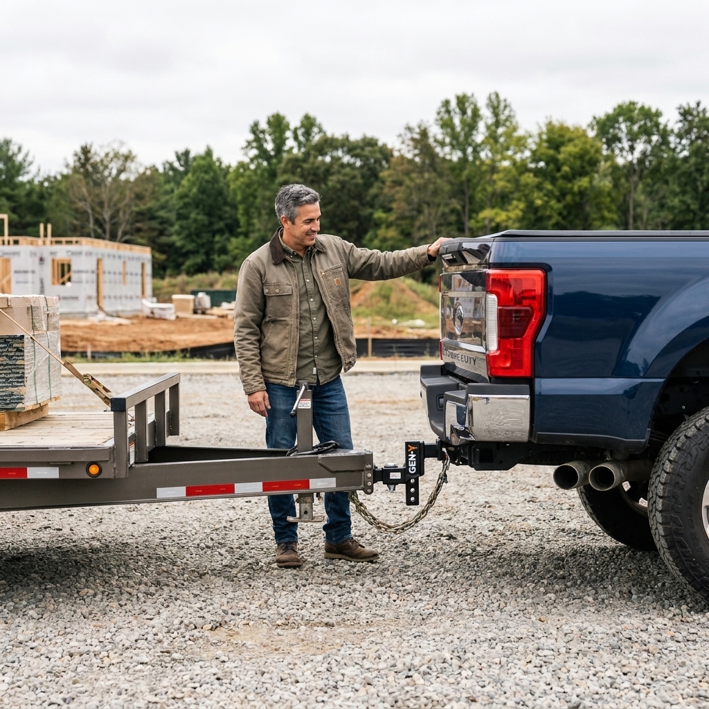 A GEN-Y adjustable drop hitch on a lifted pickup truck with a flatbed equipment trailer attached, the trailer frame sitting level