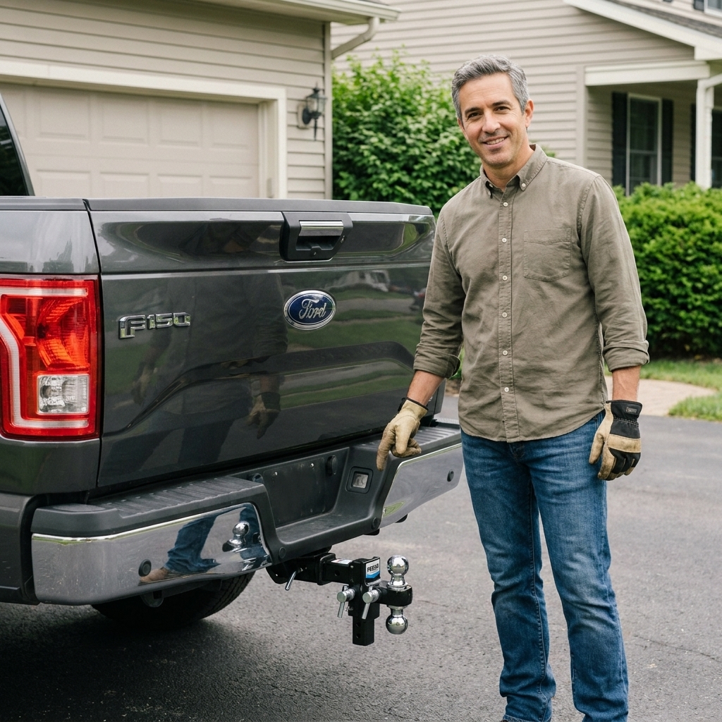 A Reese Towpower adjustable tri-ball hitch mounted on a pickup truck, with the ball mount set to a lower drop position on a residential driveway