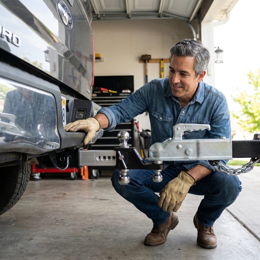 A Weigh Safe 180 adjustable ball mount installed on a pickup truck, showing the adjustment channel and hardware with a trailer coupler sitting level