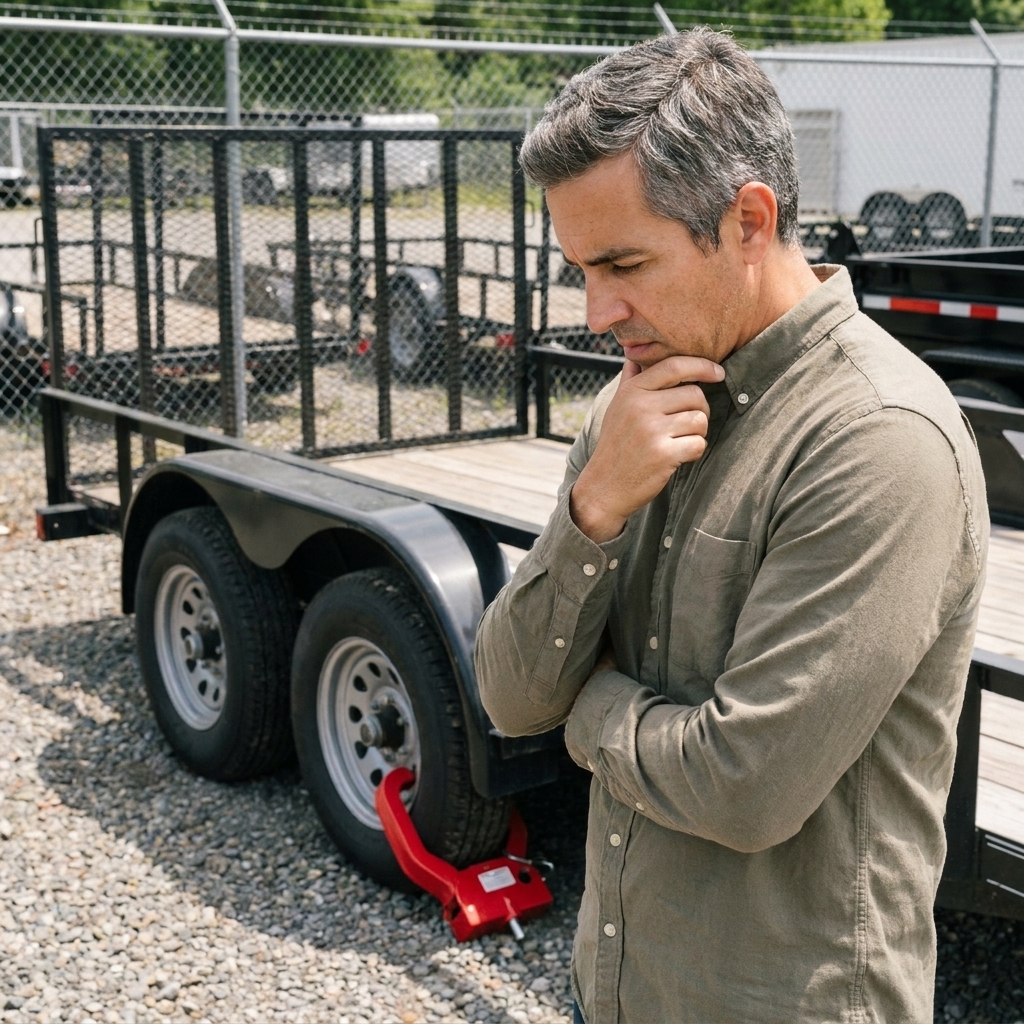 A bright red wheel boot lock clamped over a tandem-axle utility trailer tire parked in a fenced storage lot
