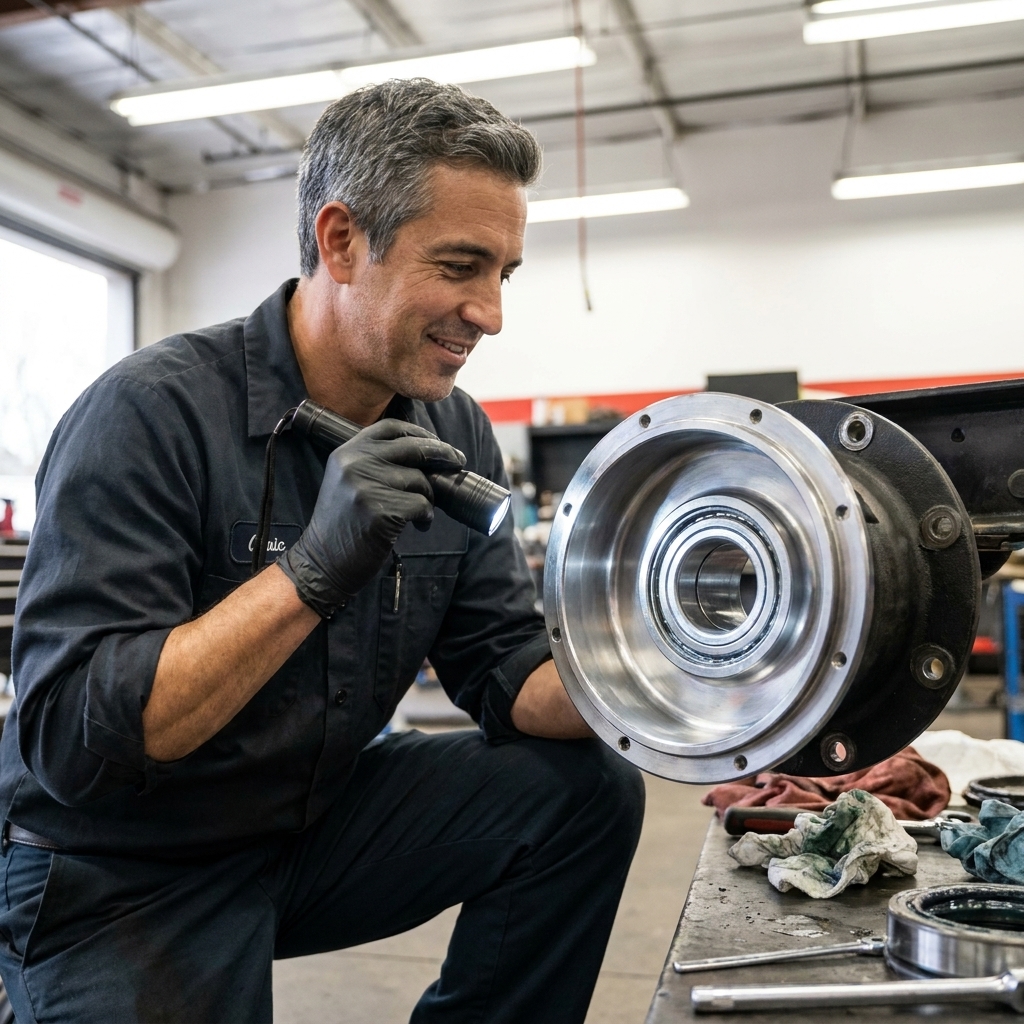 A clean trailer hub interior with the bearing race visible as someone inspects it under bright shop lighting