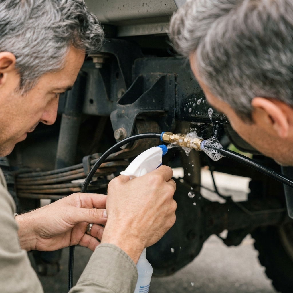 A close-up of a pickup truck airbag kit push-to-connect fitting being sprayed with soapy water, showing bubbles forming around the air line connection