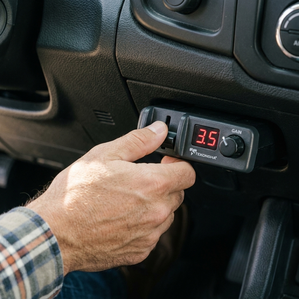 A close-up of an in-cab trailer brake controller mounted under a truck dashboard, with a driver hand resting on the manual slide lever