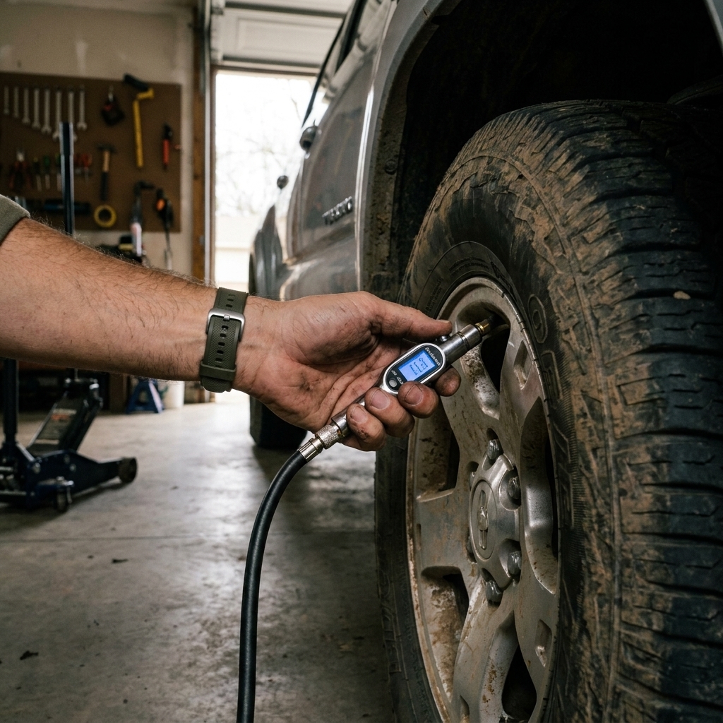 A close-up photo of a hand using a tire pressure gauge on a pickup truck tire valve stem in a garage setting