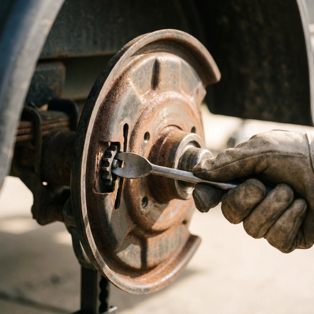 A close view of a hand using a brake spoon through the backing plate slot to turn the star wheel adjuster on an electric trailer brake