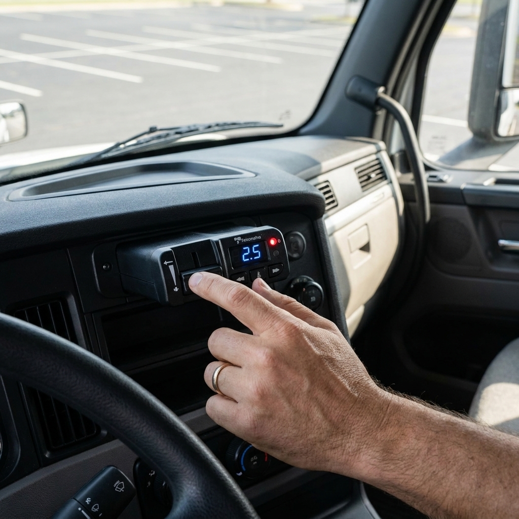 A close view of a truck-mounted trailer brake controller with a driver hand operating the manual slide lever during a parking lot brake test