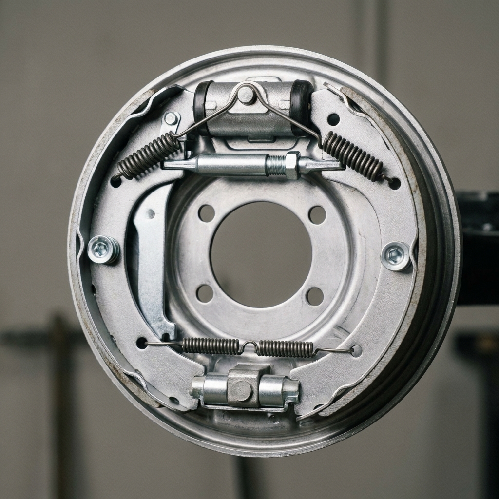 A close view of an electric trailer drum brake backing plate with brake shoes, springs, and magnet visible after cleaning