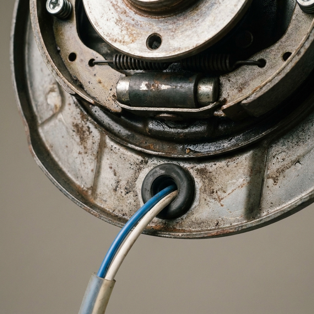 A close view of an electric trailer drum brake backing plate with the brake wires entering through a rubber grommet near the bottom