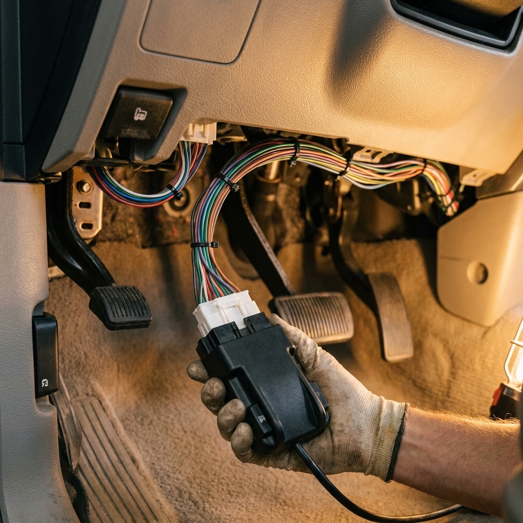 A close view under a pickup truck dashboard showing a brake controller wiring harness plugged into a factory connector with bundled wires routed neatly away from pedals