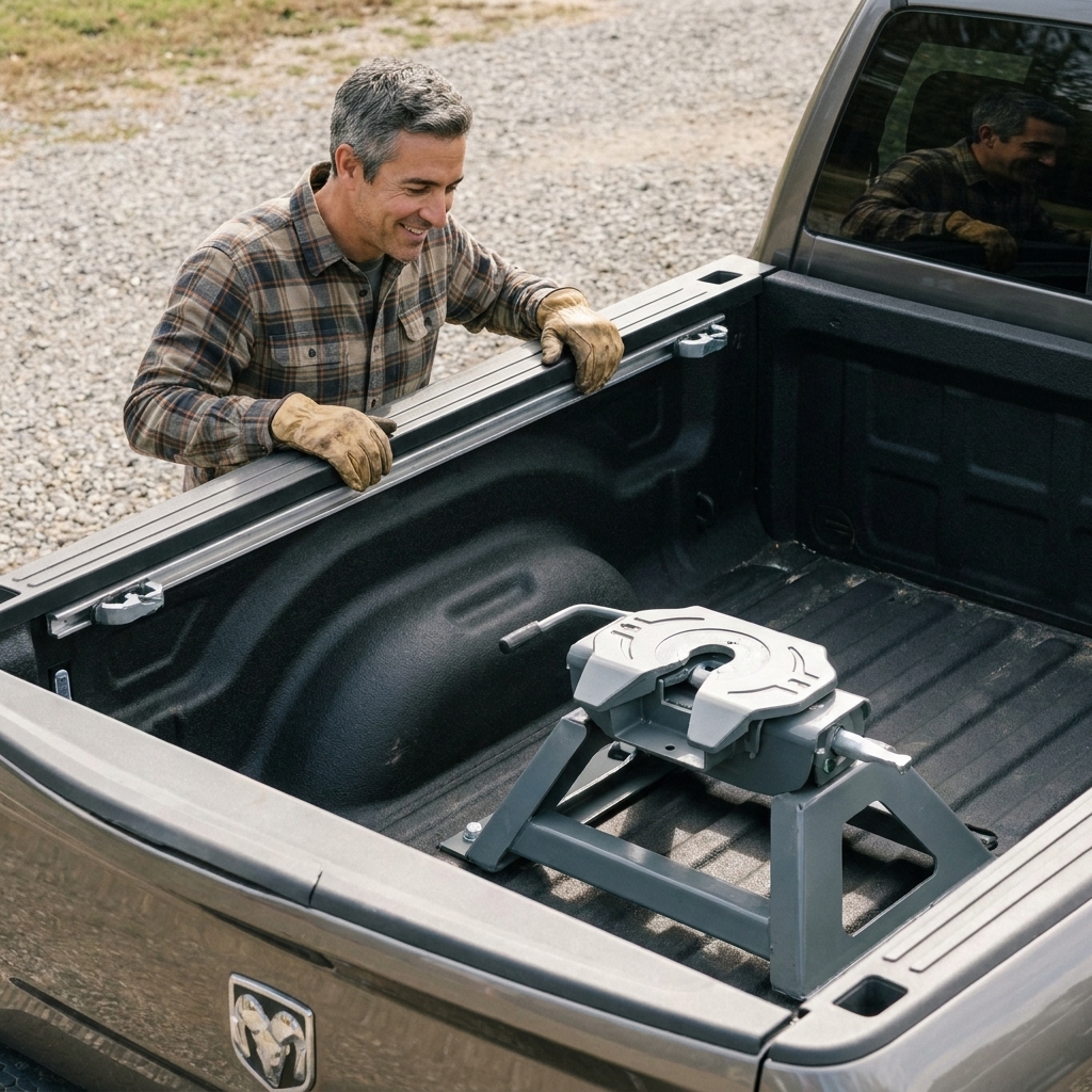 A fifth wheel hitch mounted in a heavy-duty pickup truck bed with the hitch jaws open and bed rails visible