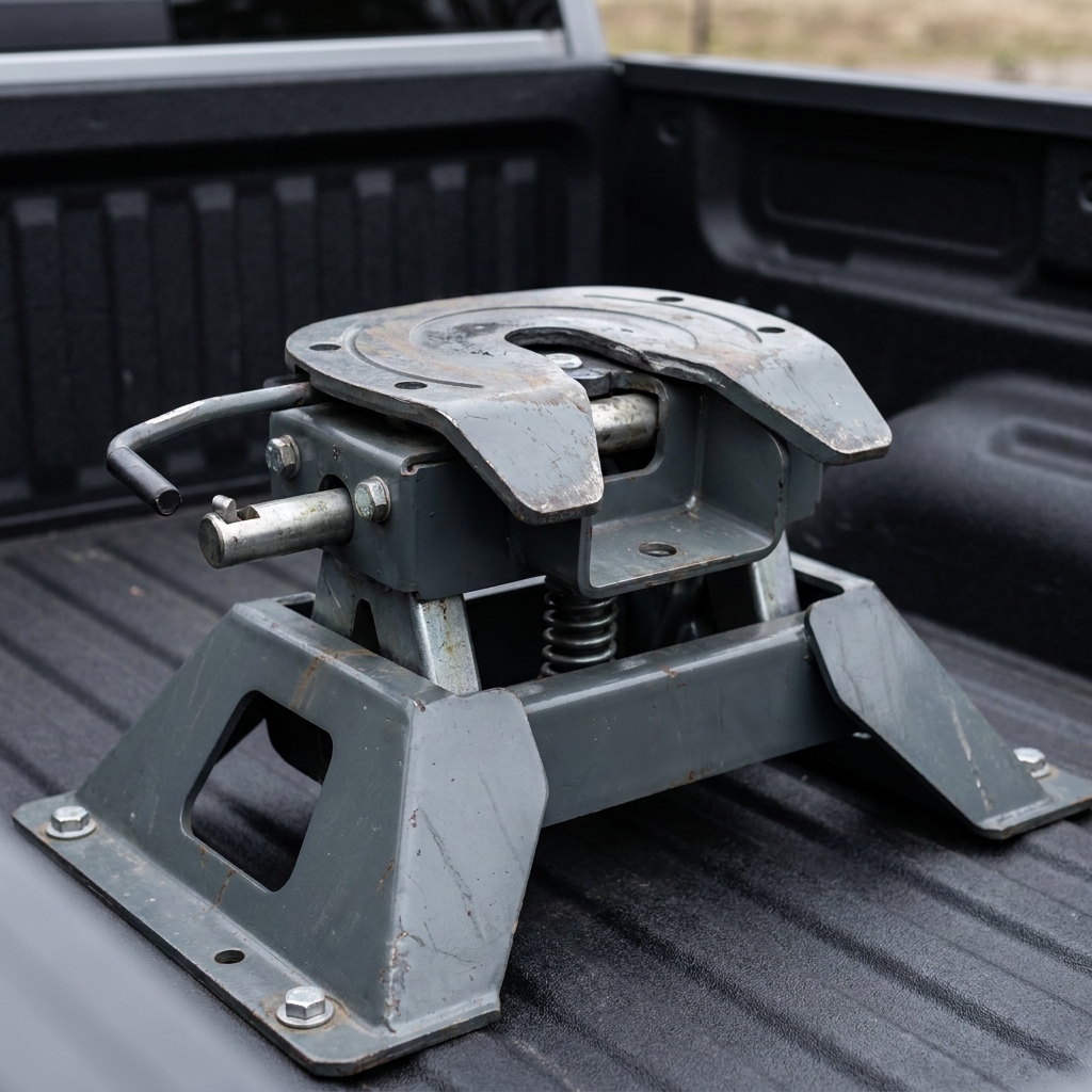 A fifth wheel hitch mounted in a pickup bed with the hitch jaws open, showing the saddle plate and locking mechanism ready to capture a trailer kingpin