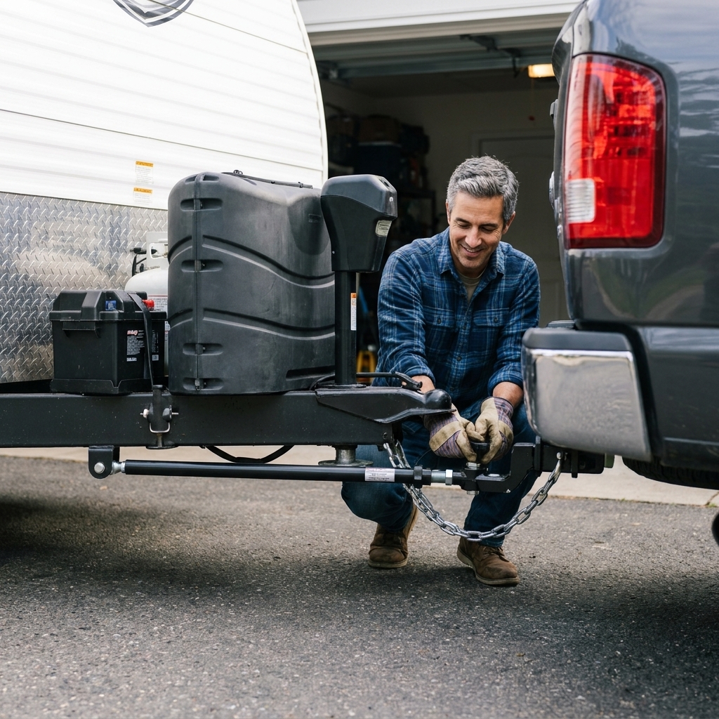 A friction sway control bar installed between a travel trailer A-frame and a pickup hitch drawbar with the adjustment handle visible