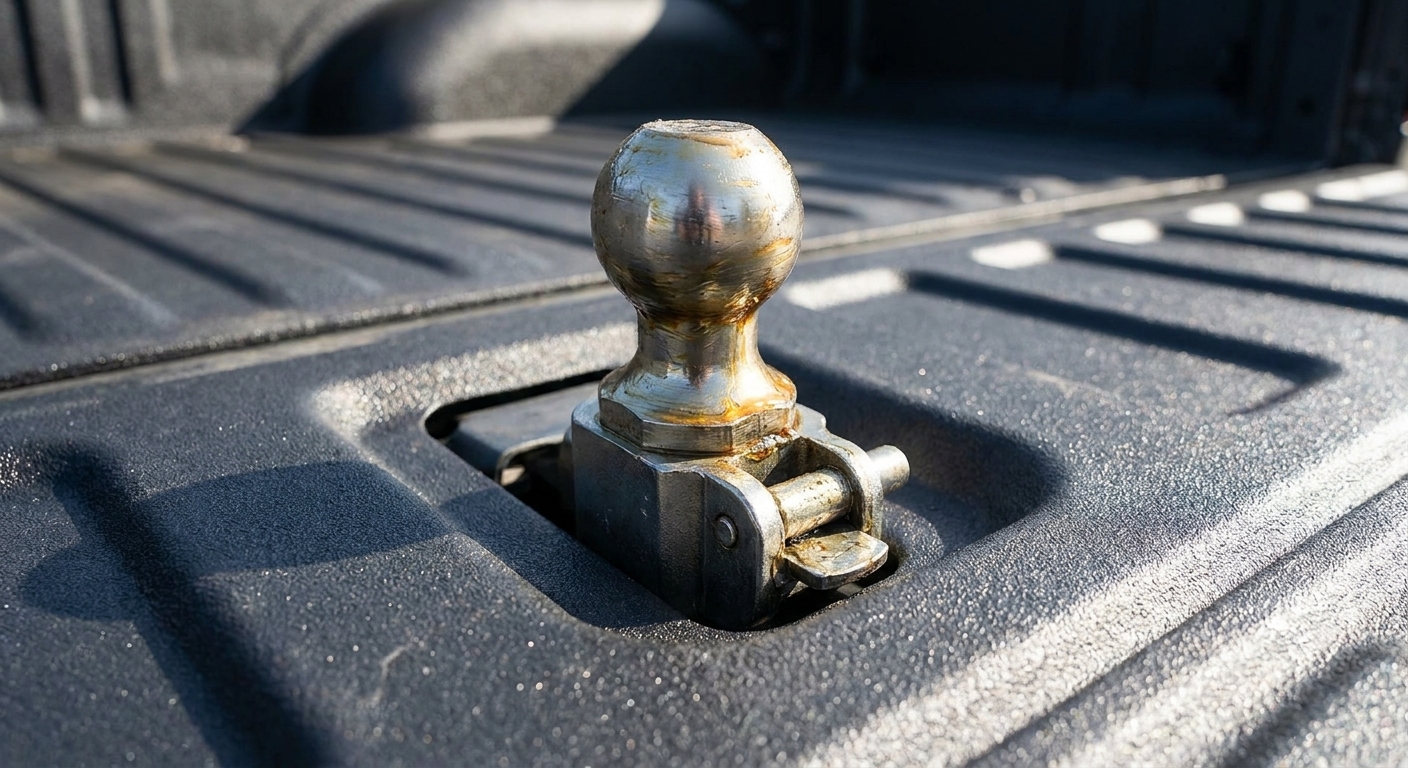 A gooseneck hitch ball installed in a pickup bed with a light coat of grease, showing the latch area and clean bed surface in daylight