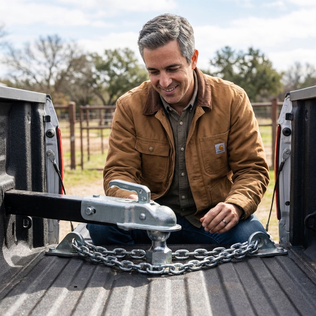 A gooseneck trailer coupler fully seated and latched onto a 2 5/16-inch ball in a pickup bed, with safety chains connected to in-bed anchors