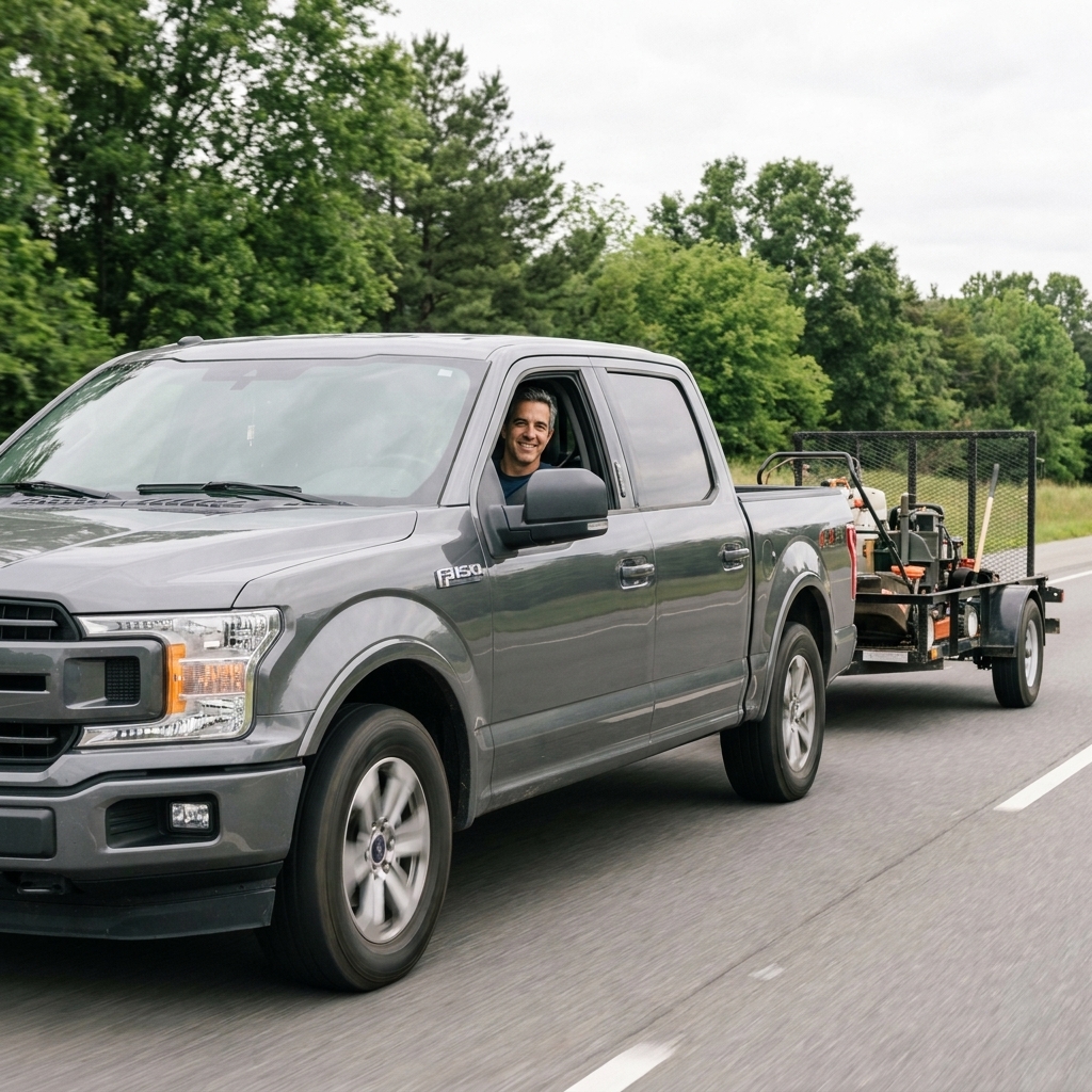 A half ton pickup towing a single axle utility trailer on a two lane highway with the truck sitting level