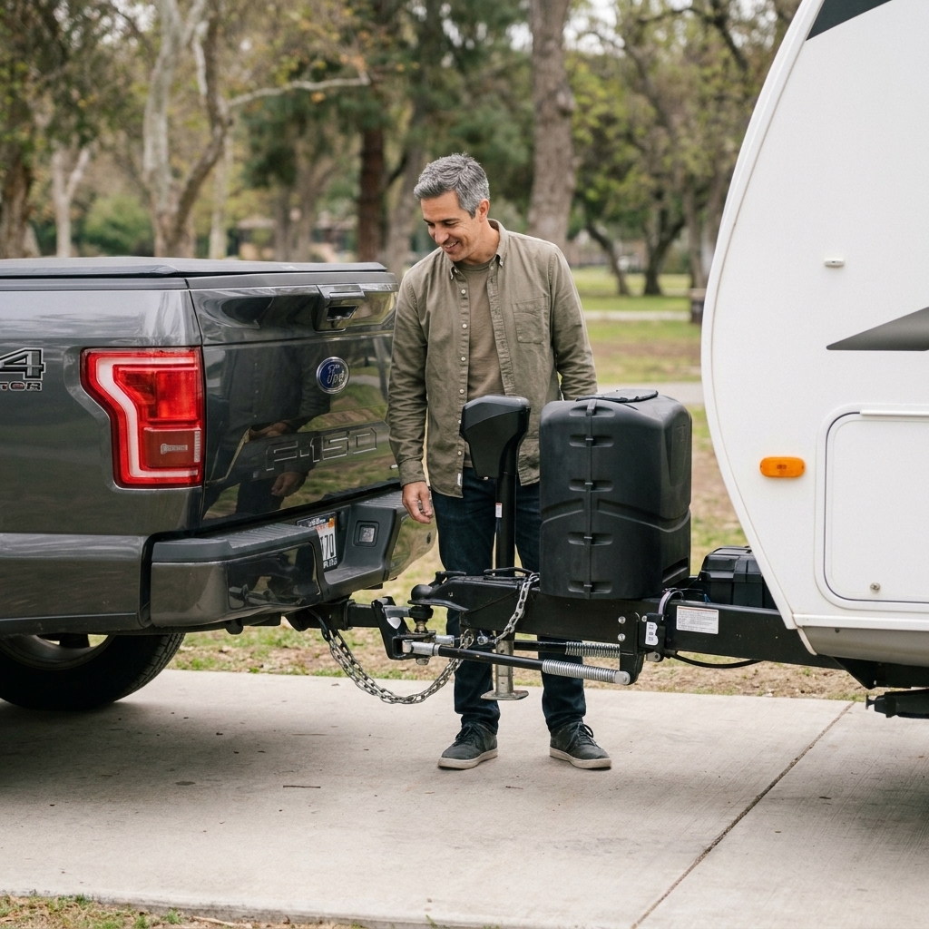 A half-ton pickup truck connected to a travel trailer with spring bars engaged on a weight distribution hitch, parked on a level pad