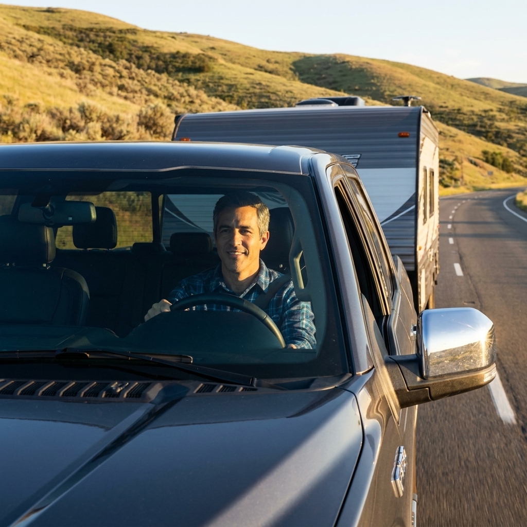 A half-ton pickup truck towing a mid-size travel trailer on a two-lane highway with rolling hills in the background, late afternoon light