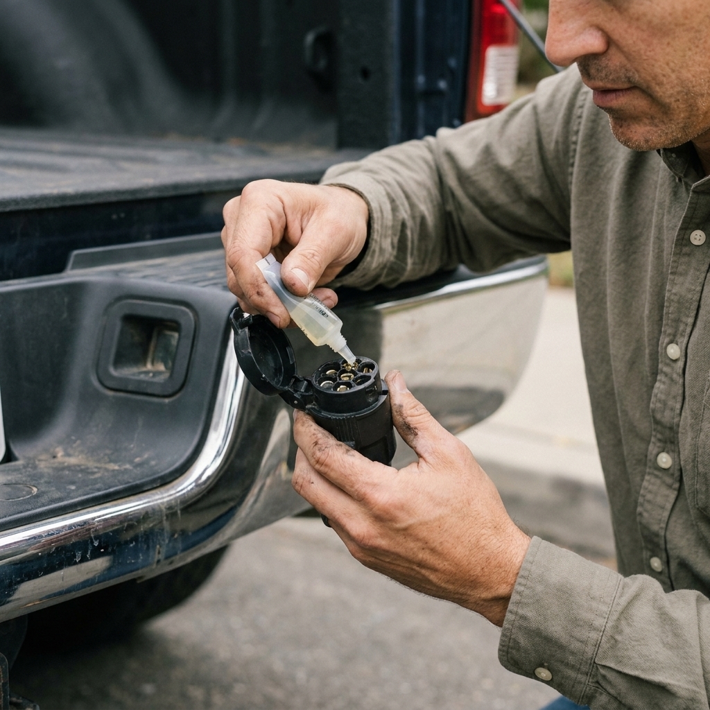 A hand applying a small amount of dielectric grease to the pins of a 7-pin trailer connector near the rear bumper of a pickup