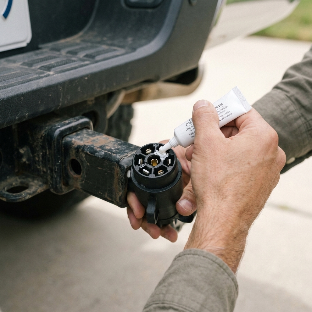 A hand applying dielectric grease to the blades of a 7-way trailer plug with the truck hitch receiver visible nearby
