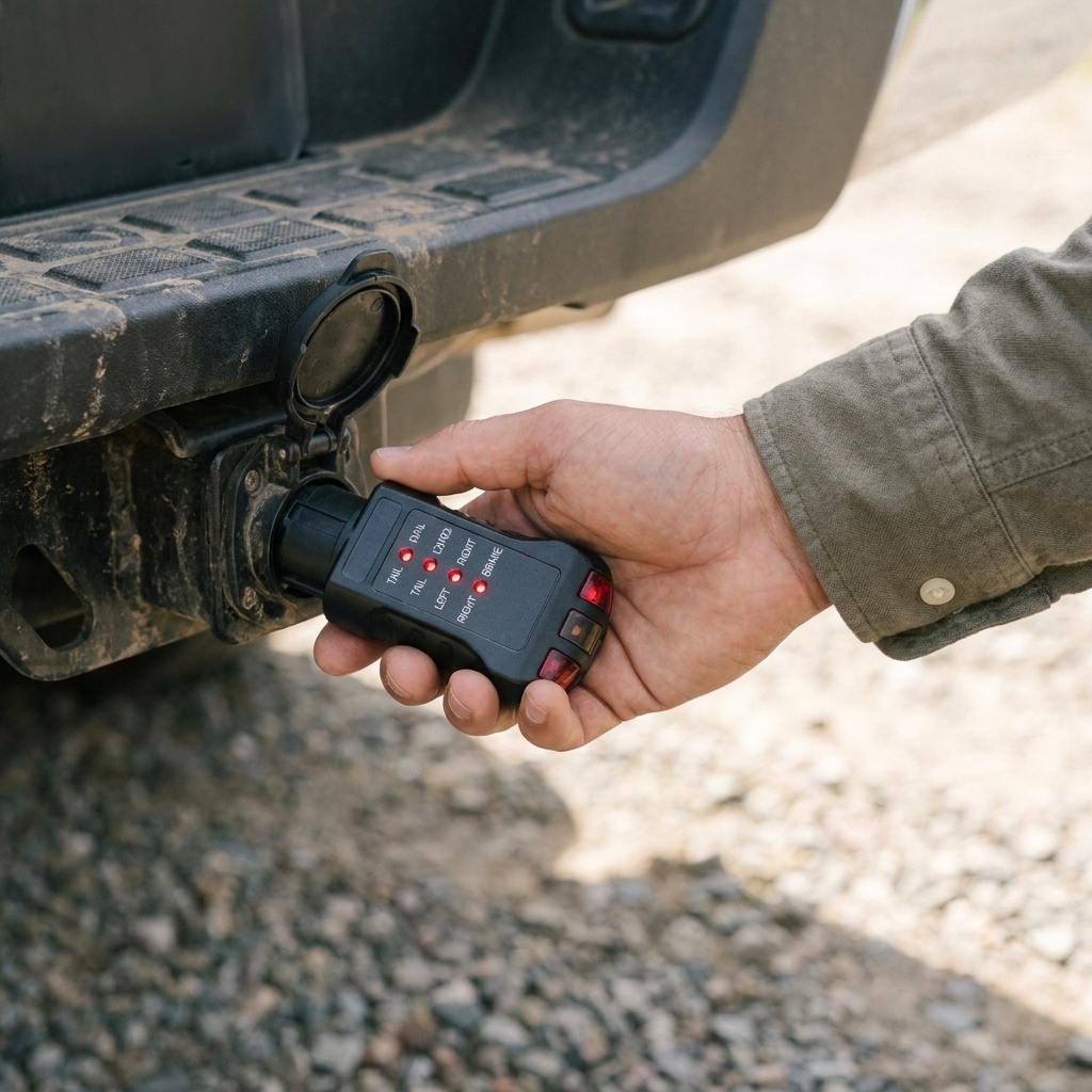 A handheld 7-way trailer connector tester plugged into a truck’s 7-way socket, showing indicator lights for each circuit