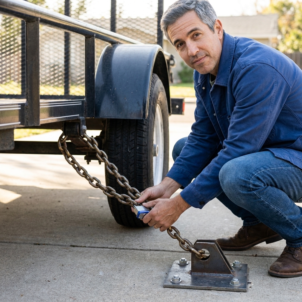 A hardened security chain looped through a trailer axle and locked to a steel ground anchor set into a concrete driveway
