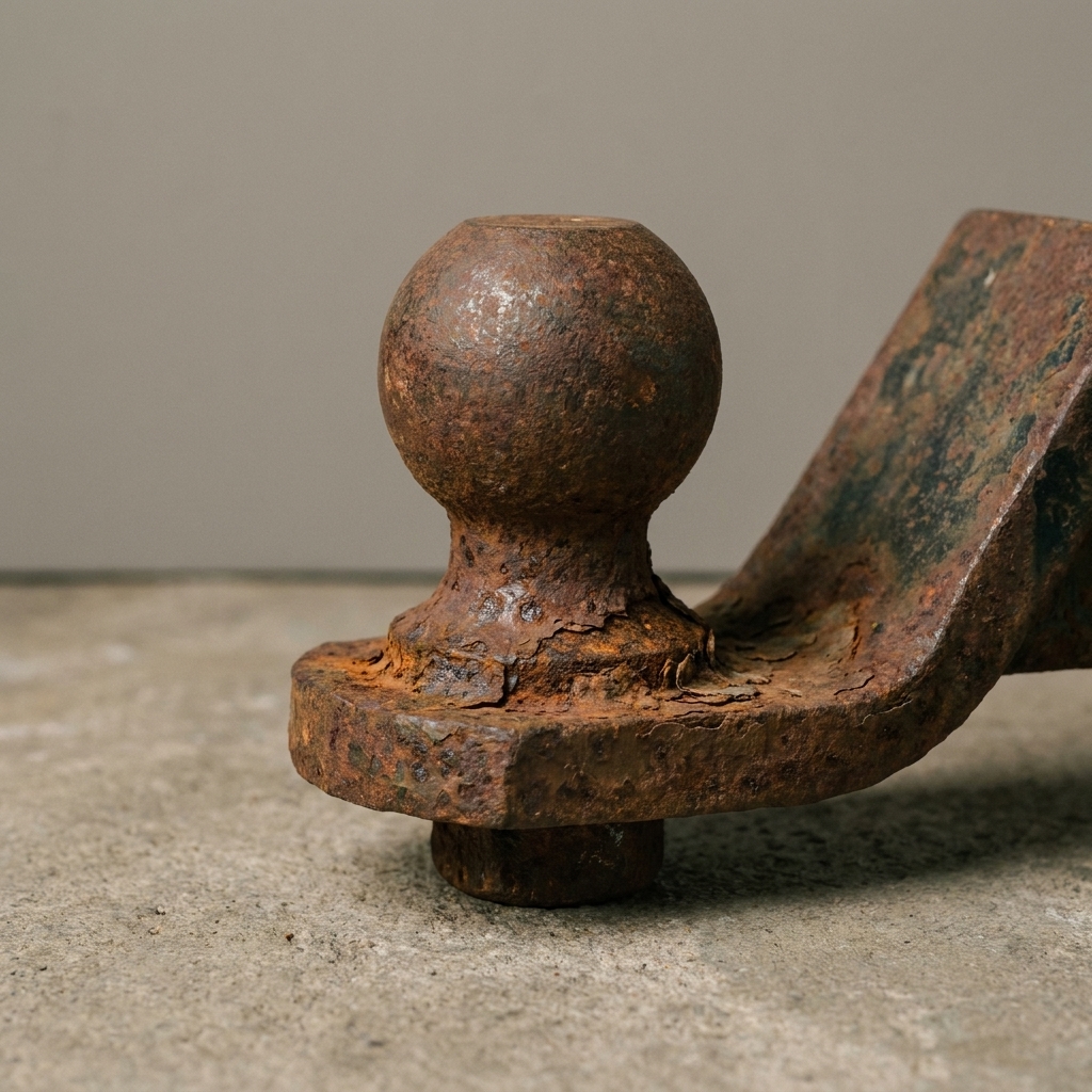 A heavily rusted trailer hitch ball mount with pitting around the hitch ball base sitting on a concrete garage floor