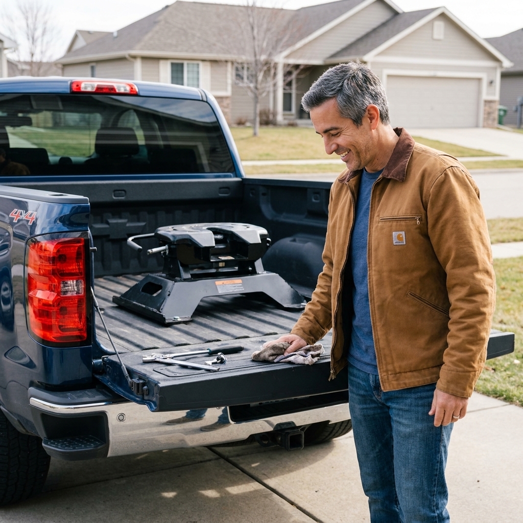 A heavy duty fifth-wheel hitch installed over bed rails in the bed of a modern pickup truck, shot in a driveway with the tailgate down