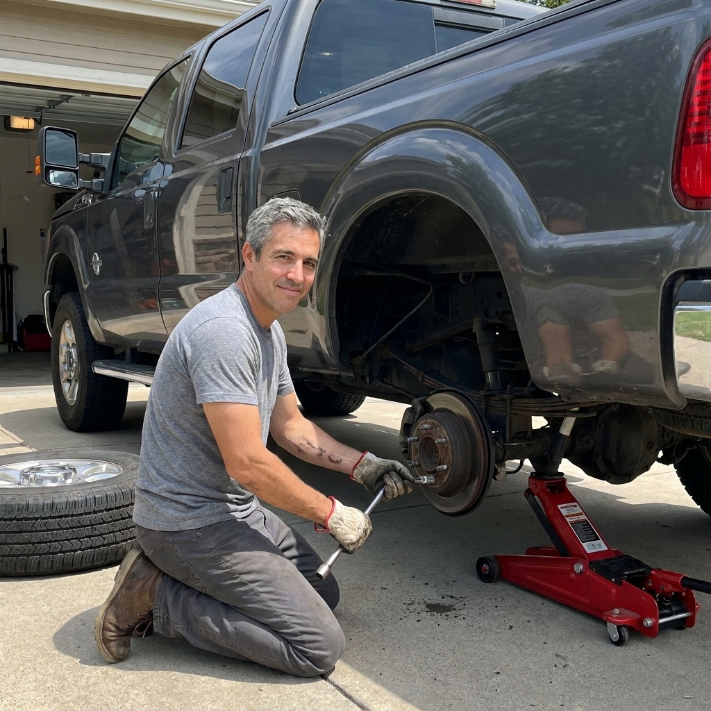 A heavy-duty pickup parked on a driveway with one wheel removed and a floor jack lifting the axle, showing a real tire rotation in progress