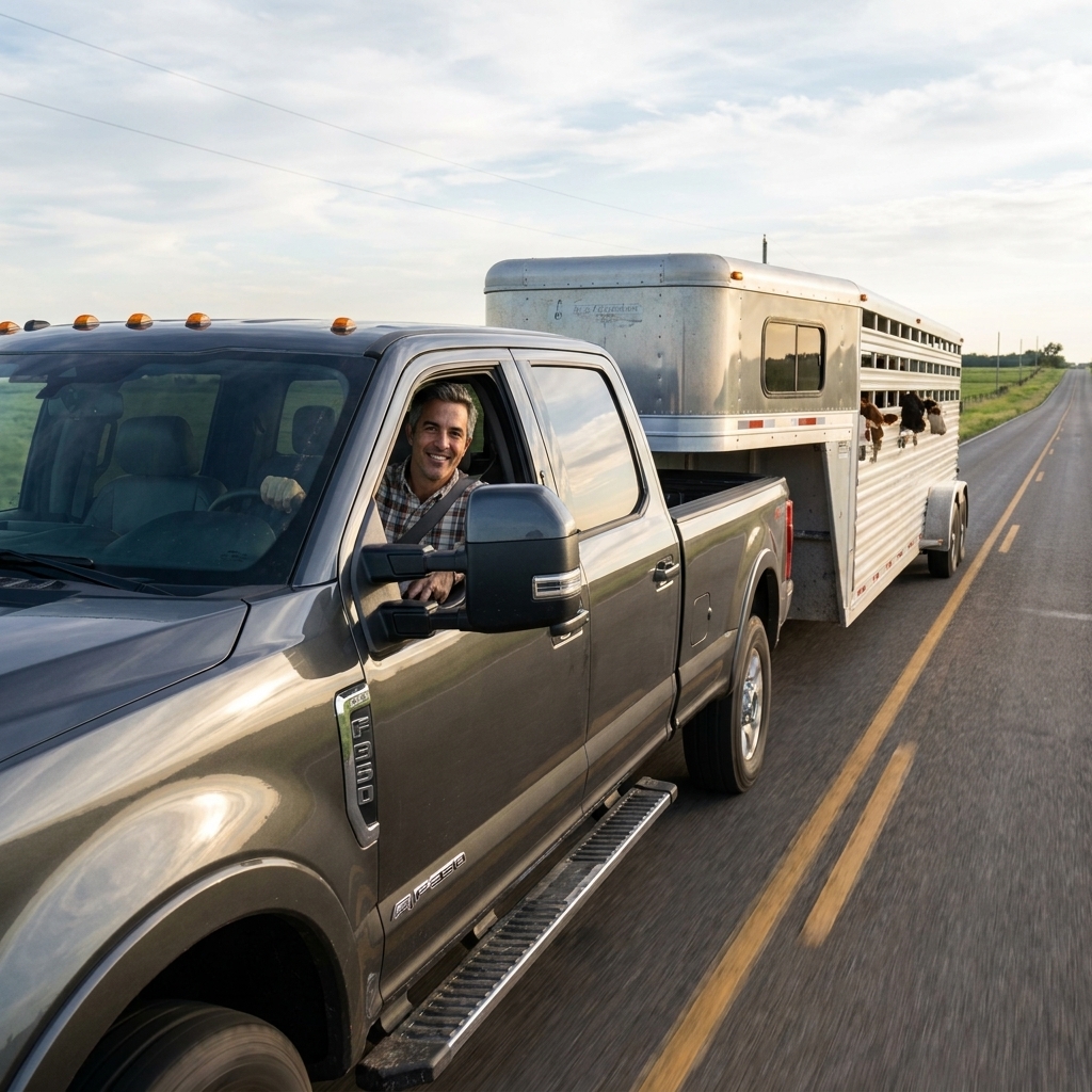 A heavy-duty pickup towing a livestock gooseneck trailer on a rural two-lane road in daylight