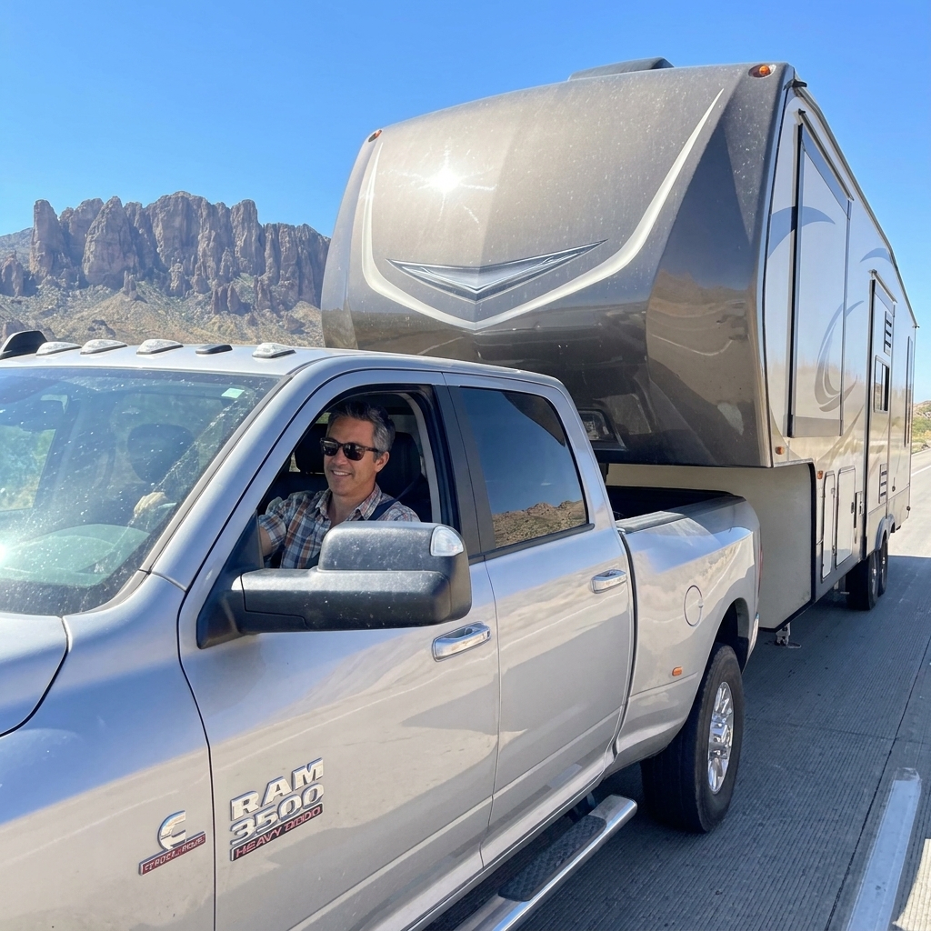 A heavy duty pickup truck towing a fifth wheel RV on a clear highway with mountains in the distance, showing the RV front cap over the truck bed