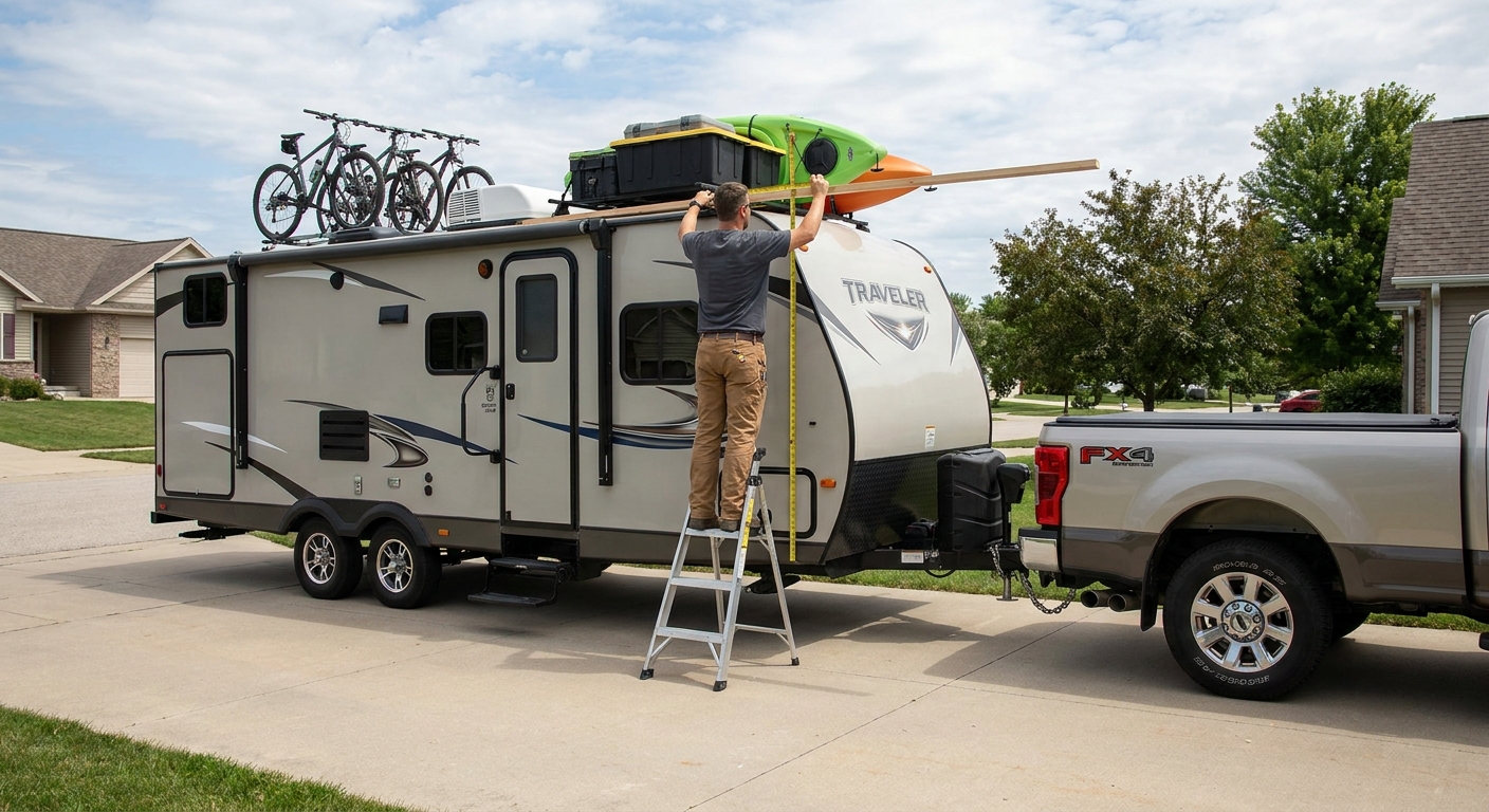 A loaded travel trailer hitched to a pickup on a level driveway while a person measures the highest point with a tape measure and a straight board