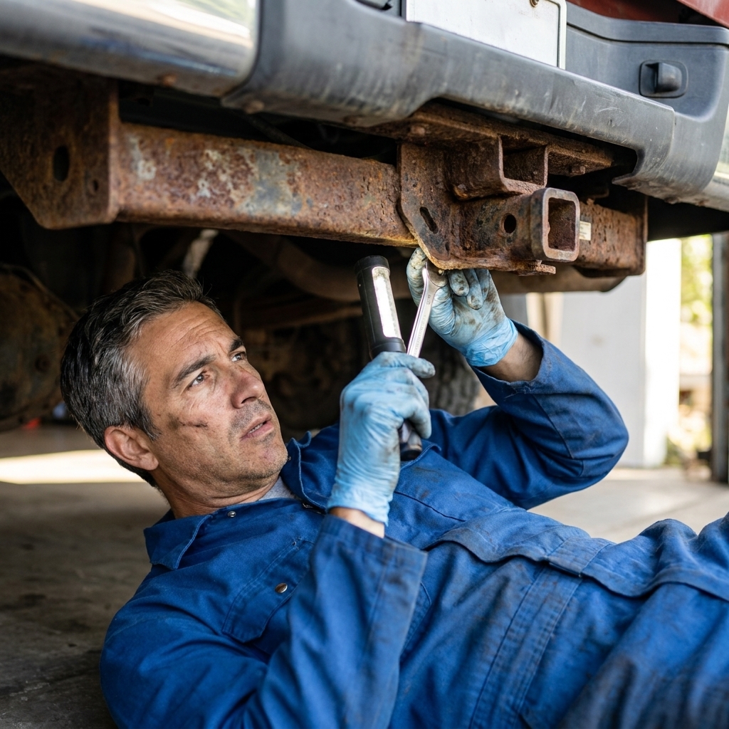 A mechanic inspecting the rear frame crossmember and hitch mounting area under a pickup truck, showing visible rust and road grime