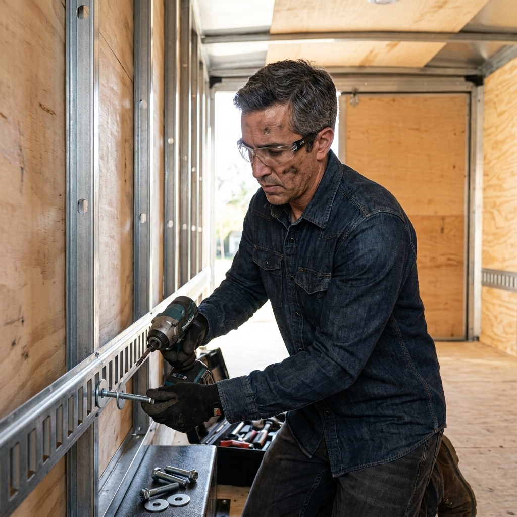 A mechanic installing a horizontal E-track rail along the lower interior wall of a utility trailer using bolts and large washers through a metal wall stud