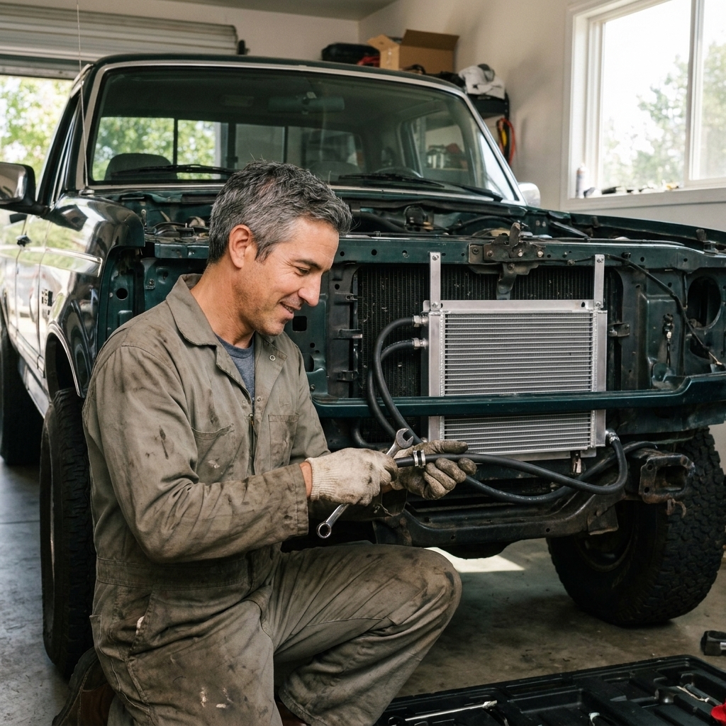A mechanic installing an auxiliary transmission cooler on the front of a pickup truck with the grille removed, showing cooler lines being routed carefully