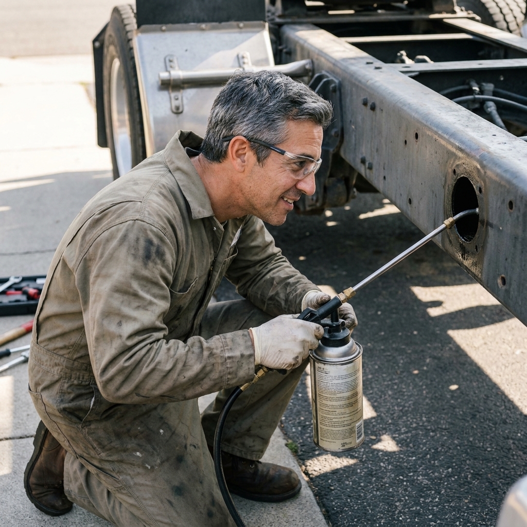 A mechanic using a spray wand to apply cavity wax inside a truck frame rail through an access hole in a driveway