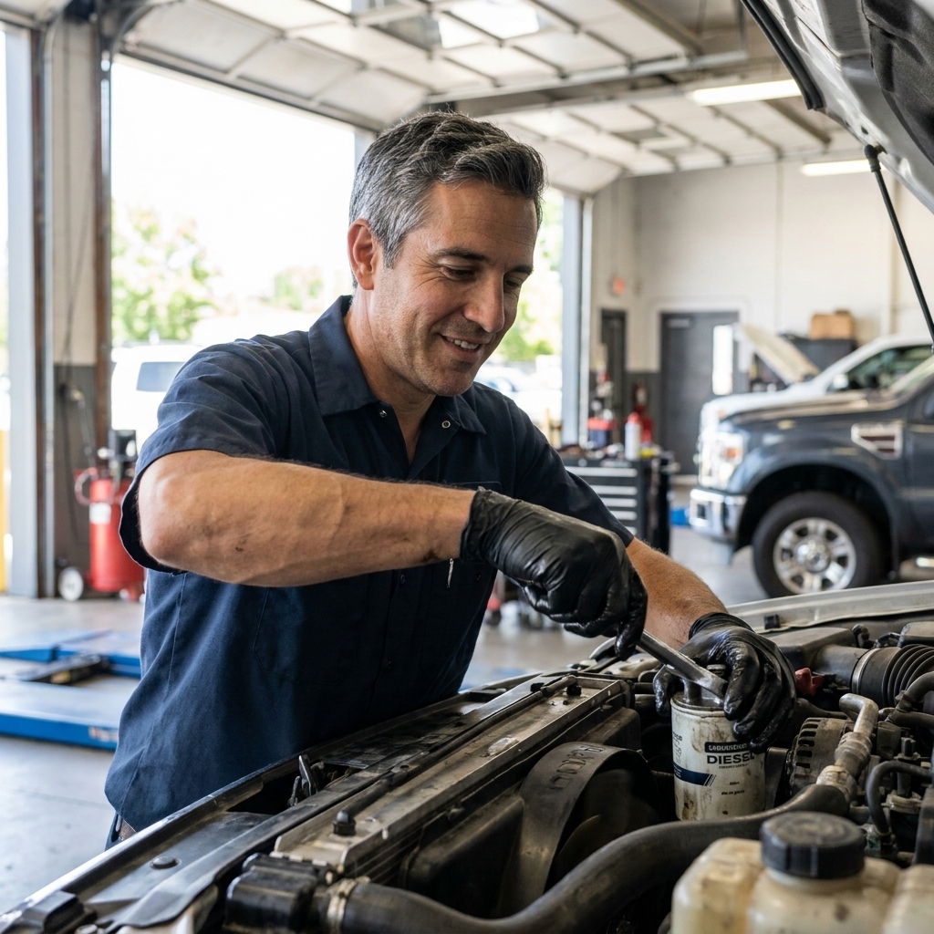 A mechanic wearing gloves removing a diesel fuel filter from a heavy-duty pickup truck in a well-lit garage