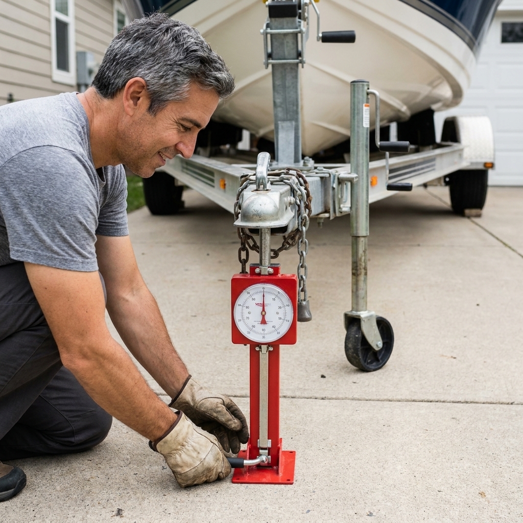 A mechanical tongue weight scale positioned under a trailer coupler on a concrete driveway while the trailer jack is raised