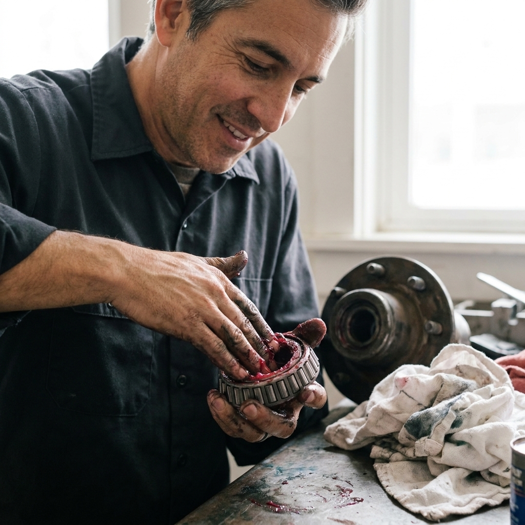 A mechanic's hands packing fresh grease into a tapered roller bearing on a workbench next to a trailer hub and clean rags