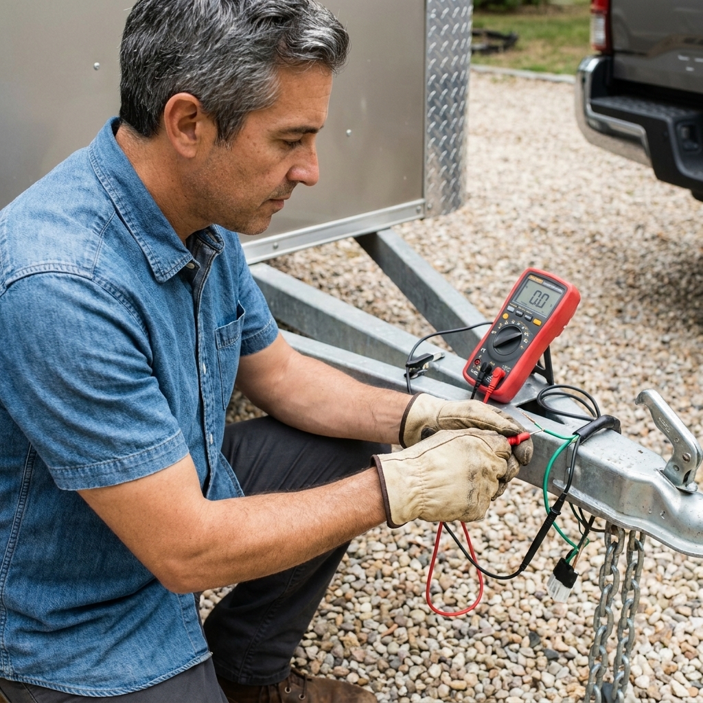 A multimeter probe touching a trailer wiring harness wire near the tongue while the other lead is clipped to the trailer frame